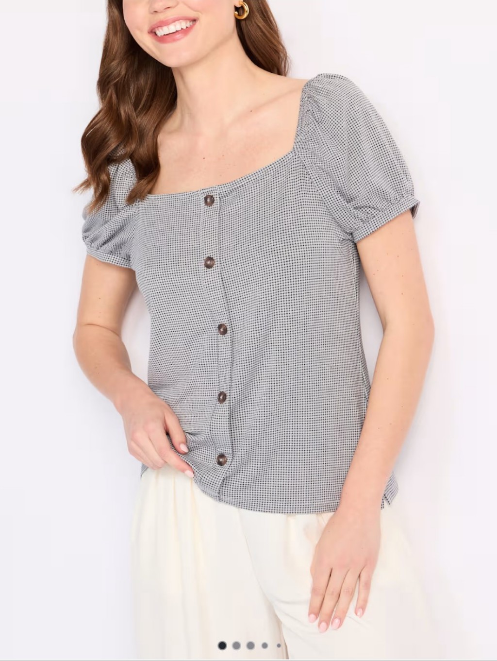 Market & Spruce Square Neck Button Front Gingham Knit Top- S